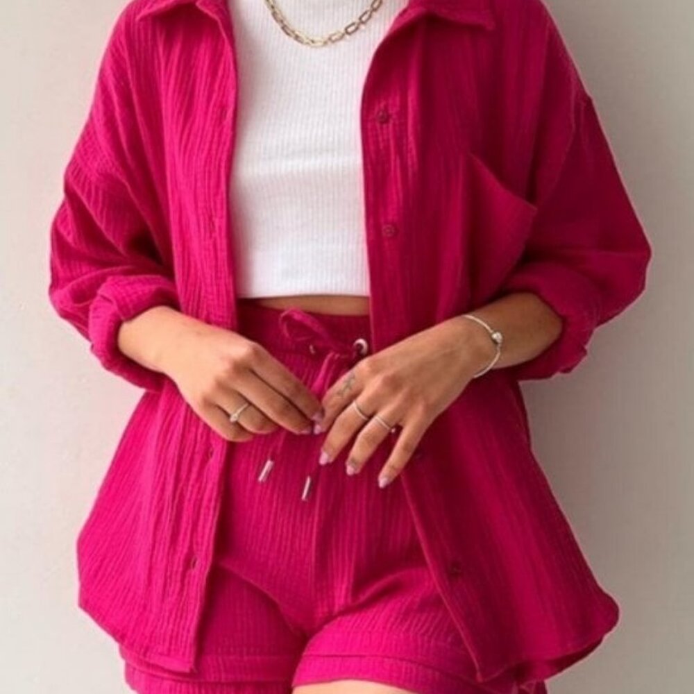 Crinkled Fabric Long Sleeve Shirt with Adjustable Shorts-2 Piece Set  Fuchsia